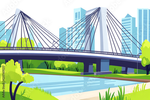 A flat vector illustration of a large bridge spanning across a river under a clear blue sky