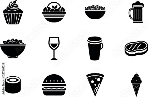  Food and Beverage Icon Set. Featuring Pizza Slice, Burger, Sushi Roll, Ice Cream Cone, Coffee Cup, Wine Glass, Beer Mug, Salad Bowl, Steak, Pasta, Cupcake, and Fruit Basket