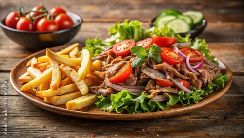 Crispy doner kebab on a plate with golden brown french fries and fresh mixed green salad with cherry tomatoes and cucumber slices , Meal Time, Fast Food