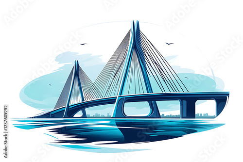 A flat vector illustration of a large bridge, featuring modern design and sleek lines