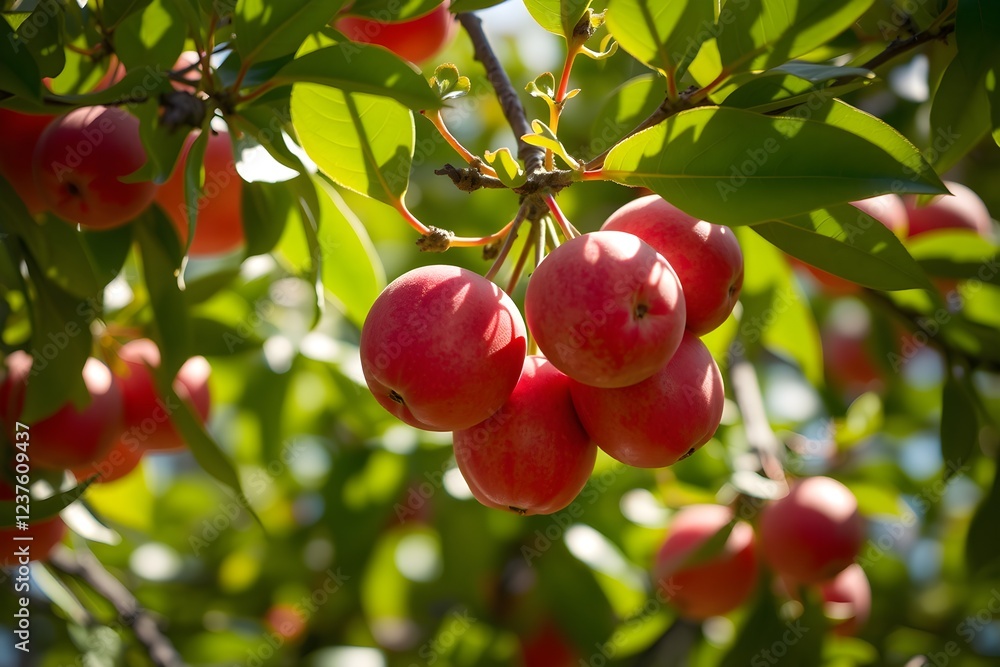 Obraz premium Ripe peach fruits closeup hanging on tree branches in field 