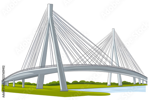 A flat vector illustration of a large bridge with modern design and vibrant colors, perfect for architectural and urban concepts