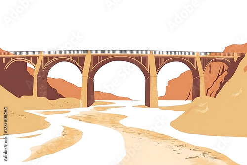 A flat vector illustration of a large bridge spanning a river, featuring modern architecture and urban landscape