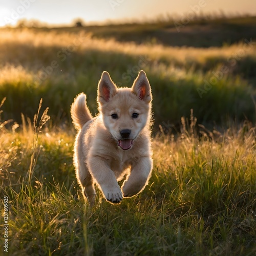 Sunlit Joy: Playful Canis Lupus Youngi Pup in a Meadow photo