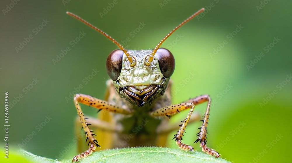 Closeup of Curious Green Grasshopper Gazing Intently in Natural Environment : Generative AI