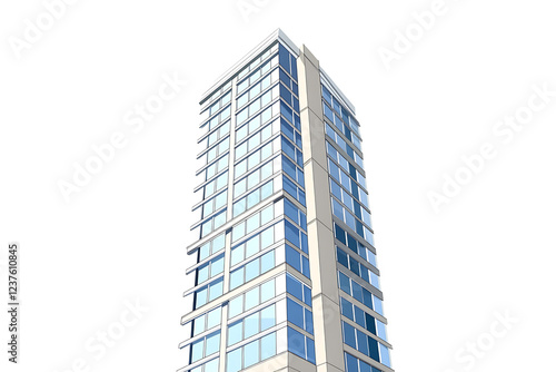 A flat vector illustration of a modern skyscraper building in a minimalist style