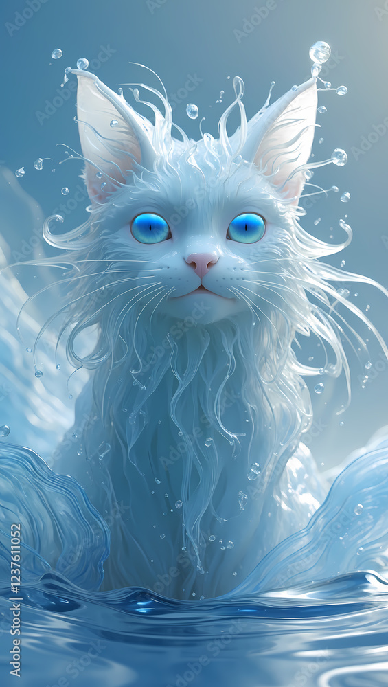 Fototapeta premium A mystical white feline emerges from cerulean water, its fur flowing like liquid, captivating with ethereal beauty and bright blue eyes.