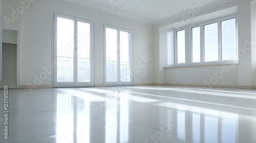 Spacious Sunlit Room with Large Windows and Modern Minimalist Design   Generative AI
