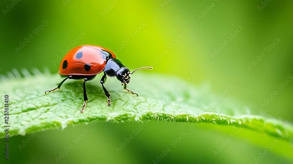 Fototapeta premium Red and Black Ladybug on Green Leaf Macro with Soft Blurred Green Background : Generative AI