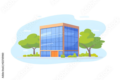 A flat vector illustration of a modern skyscraper with a sleek design and futuristic aesthetic