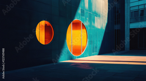 Modern Architecture with Vibrant Orange Windows Casting Dramatic Shadows - Urban Design and Artistic Photography for Creative Projects photo