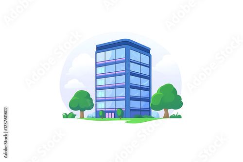A flat vector illustration of a modern skyscraper against a clear blue sky