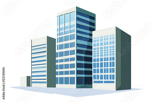 A flat vector illustration of a modern skyscraper building against a clear sky