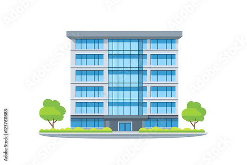 A flat vector illustration of a modern skyscraper with a sleek and futuristic design, featuring clean lines and a dynamic composition