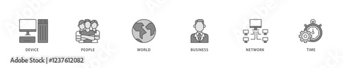 Internet of things icon set flow process which consists of device, people, world, business, network and time icon live stroke and easy to edit .