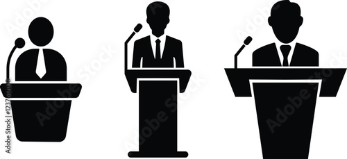 Businessman behind podium icon in flat set. vector for apps or website image of the speakers of man with badge standing behind the pulpit and microphones. isolated on transparent background