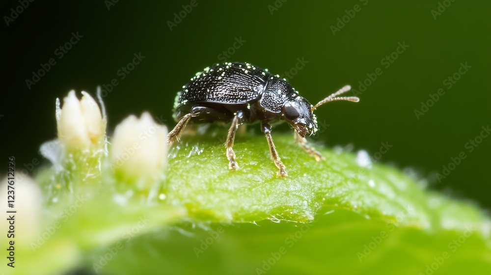 Naklejka premium Black Spotted Beetle on a Leaf with Delicate Texture in Bright Natural Light : Generative AI