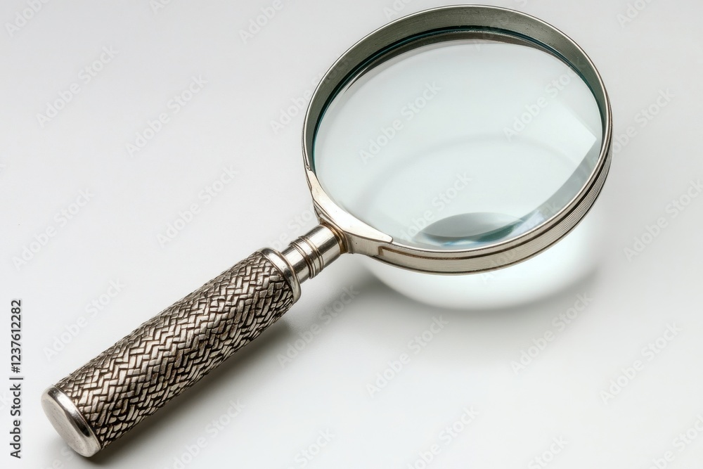 An ornate silver magnifying glass rests on a white background An ornate silver magnifying glass rests on a white background