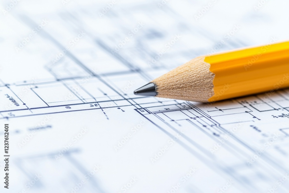 A pencil resting on top of architectural blueprints, with focus on the point where it is drawing. The background shows complex and detailed architecture plans. A pencil resting on top of architectural blueprints, with focus on the point where it is drawing. The background shows complex and detailed architecture plans.