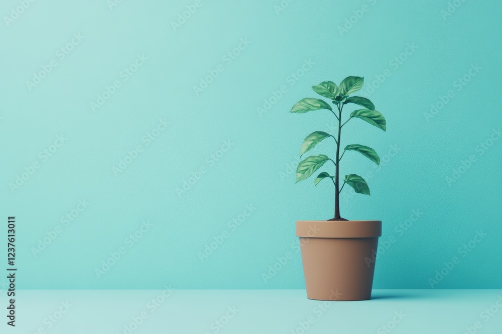 Fresh Green Plant in Simple Pot on Soft Turquoise Background Fresh Green Plant in Simple Pot on Soft Turquoise Background