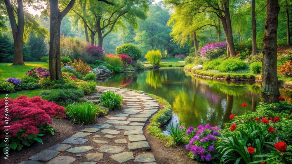 Obraz premium Lush greenery and vibrant flowers in a serene garden with a meandering stone path leading to a tranquil pond surrounded by tall trees, ponds, nature photography
