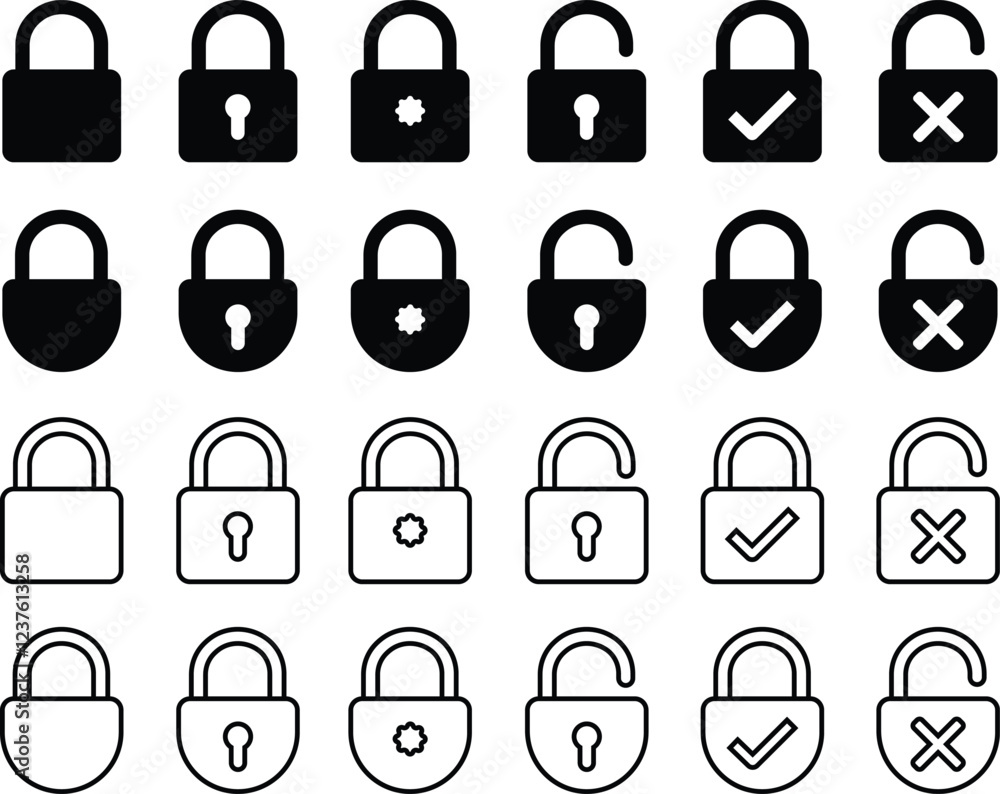 Security lock icons in flat line set. safety lock, cyber defense. Vector for apps or website collection of Locked and unlocked security symbol Padlock Privacy. isolated on transparent background. Security lock icons in flat line set. safety lock, cyber defense. Vector for apps or website collection of Locked and unlocked security symbol Padlock Privacy. isolated on transparent background.
