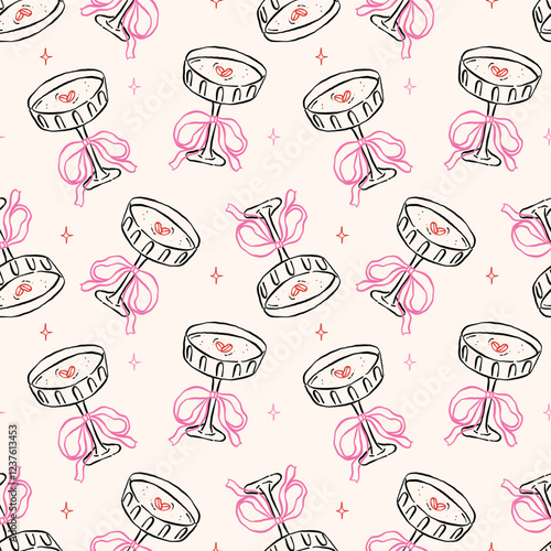Whimsical Seamless Pattern Coquette Espresso Martini Glass with Bow Hand Drawn Retro Isolated on Background