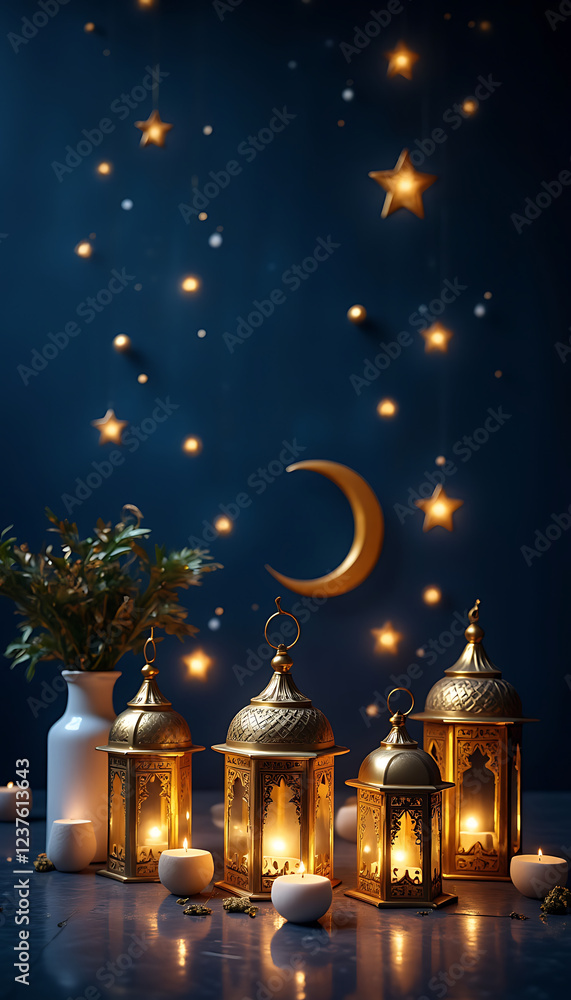 Fototapeta premium Ramadan Night Flat-Lay with Glowing Lanterns and Crescent Moon