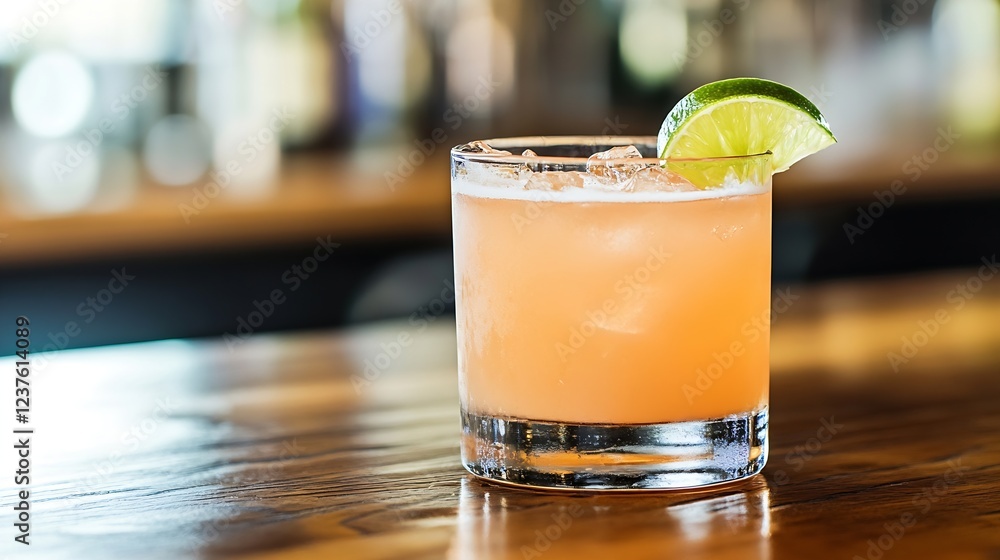 Refreshing cocktail with lime on elegant wooden bar surface perfect for summer vibrations : Generative AI Refreshing cocktail with lime on elegant wooden bar surface perfect for summer vibrations : Generative AI