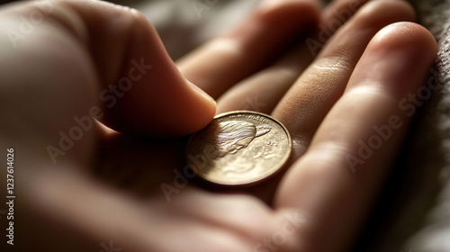 Hand Holding Coin Donation Charity Event Community Center Indoor Close-up Supporting Causes photo