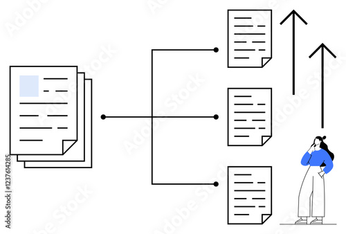Multiple documents branching organized manner, person pondering, two upward arrows. Ideal for business process, workflow automation, decision making, productivity improvement, data management
