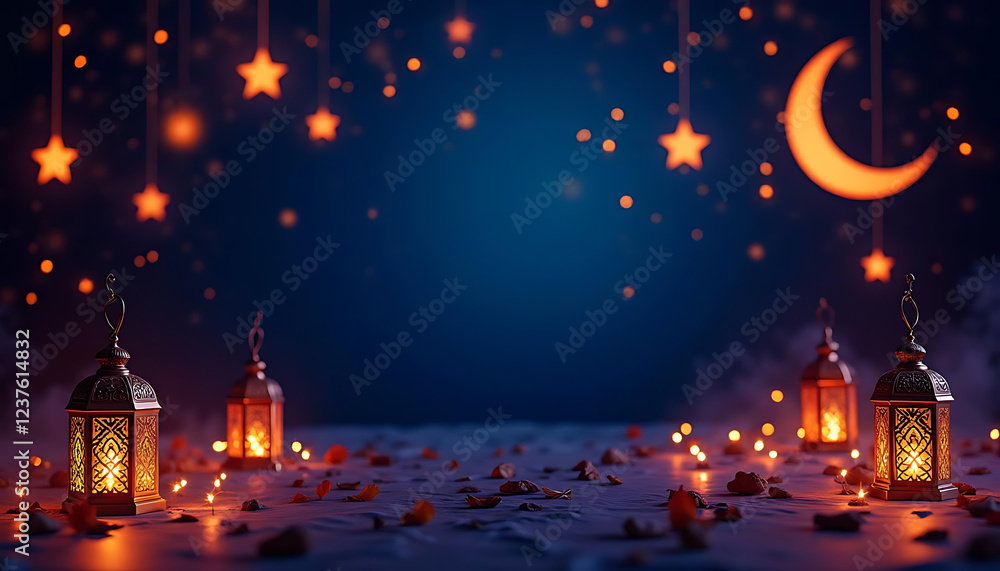 Ramadan Night Flat-Lay with Glowing Lanterns and Crescent Moon Ramadan Night Flat-Lay with Glowing Lanterns and Crescent Moon