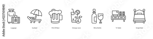 Room Service Icon Sheet Luggage, Sunbed, Pint Of Beer, Orange Juice, Wine Bottle, Tv Table, Single Bed