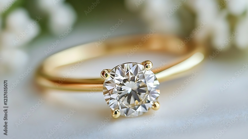Elegant Diamond Engagement Ring with Gold Band and Floral Background : Generative AI Elegant Diamond Engagement Ring with Gold Band and Floral Background : Generative AI