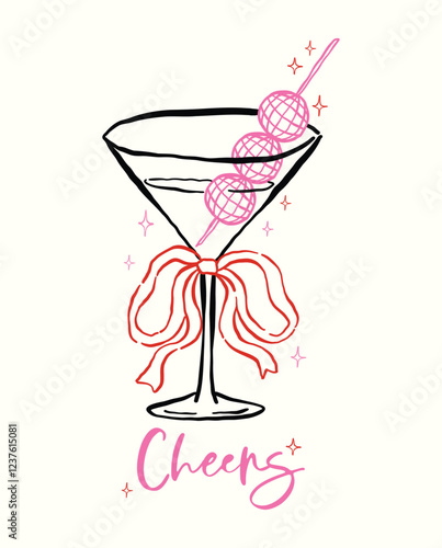 Whimsical Disco Martini Glass with Bow Outline Hand Drawn Groovy Retro Playful Style