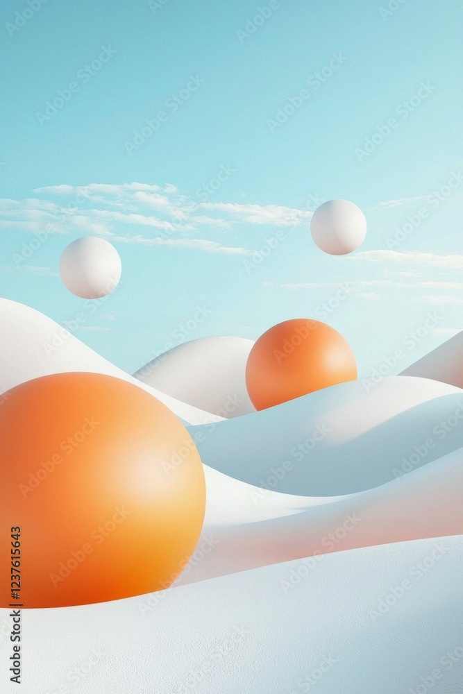 A simple background with a soft blue sky, orange and white spheres in the foreground, and minimalist hills in light pastel colors. The scene has an atmosphere of calmness and simplicity. A simple background with a soft blue sky, orange and white spheres in the foreground, and minimalist hills in light pastel colors. The scene has an atmosphere of calmness and simplicity.