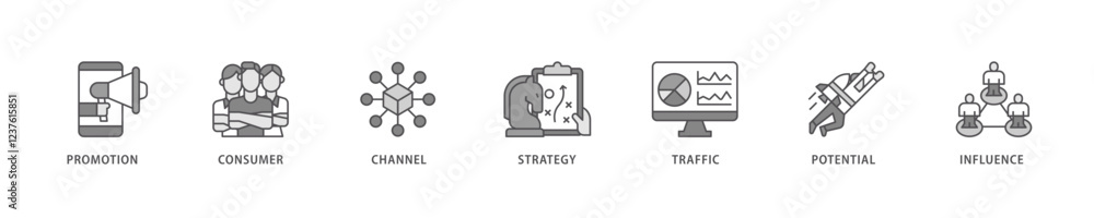 Lead generation icon set flow process which consists of promotion, consumer, channel, strategy, traffic, potential and influence icon live stroke and easy to edit . Lead generation icon set flow process which consists of promotion, consumer, channel, strategy, traffic, potential and influence icon live stroke and easy to edit .