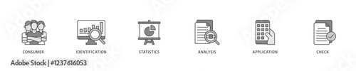 Kyc icon set flow process which consists of analysis, check, application, statistics, identification, consumer icon live stroke and easy to edit .