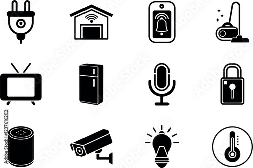 Home Automation Icon Set. Featuring Smart Thermostat, Smart Lighting, Security Camera, Smart Door Lock, Voice Assistant, Smart Plug, Smart Refrigerator, Smart TV, Smart Speaker, Smart Vacuum, Smart Do