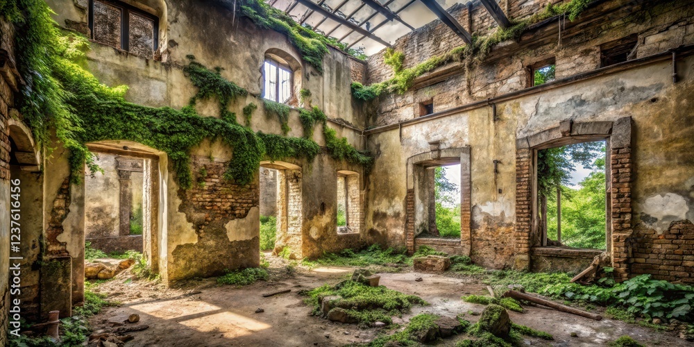 Fototapeta premium Grime and dust cover ancient stone walls in a long-abandoned building with overgrown vegetation , forgotten, crumbling