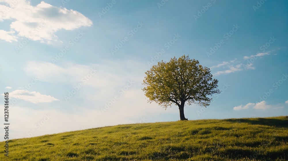 Lonely Tree on a Rolling Hilltop Set Against Blue Sky : Generative AI Lonely Tree on a Rolling Hilltop Set Against Blue Sky : Generative AI