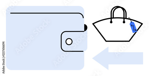 Wallet symbol and shopping bag with a price tag, left-pointing arrow. Ideal for finance, budgeting, shopping, retail, spending, consumer behavior commercial transactions. Simplistic abstract line