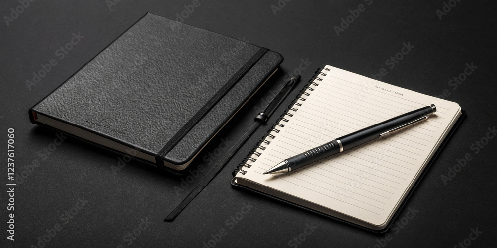 Creative Black Mock-Up Composition Featuring a Notebook and Pen on a Desk Creative Black Mock-Up Composition Featuring a Notebook and Pen on a Desk