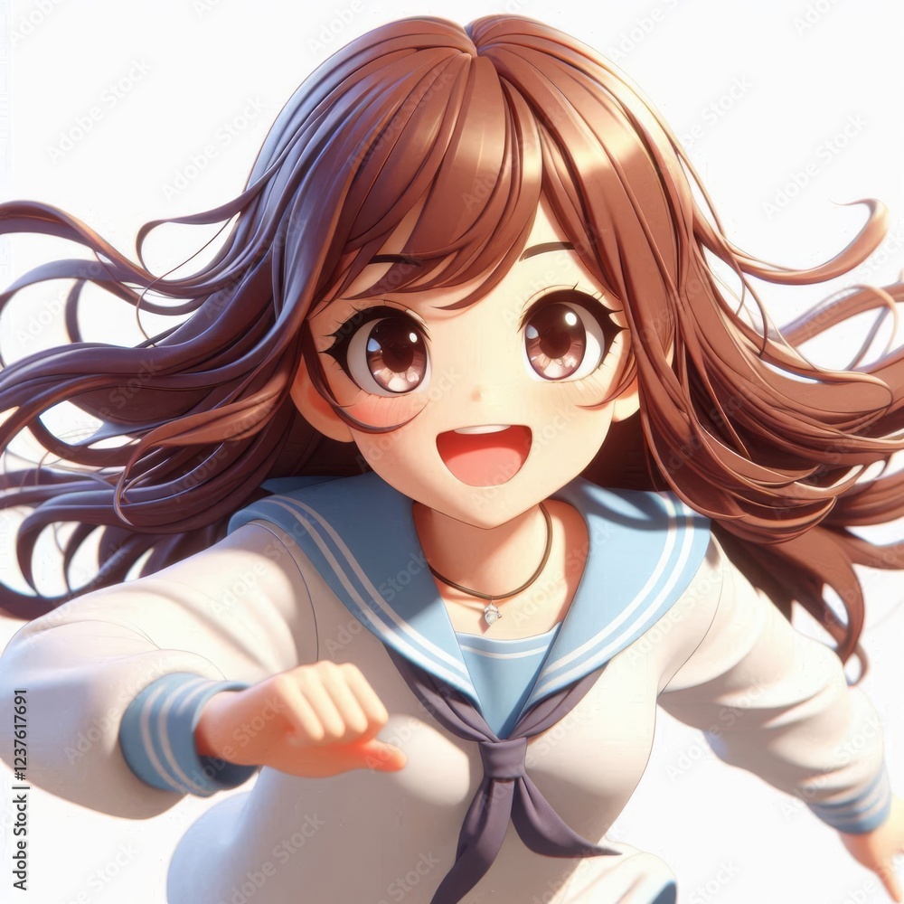 A close-up of a digital illustration of a young girl running happily.
A close-up of a digital illustration of a young girl running happily.