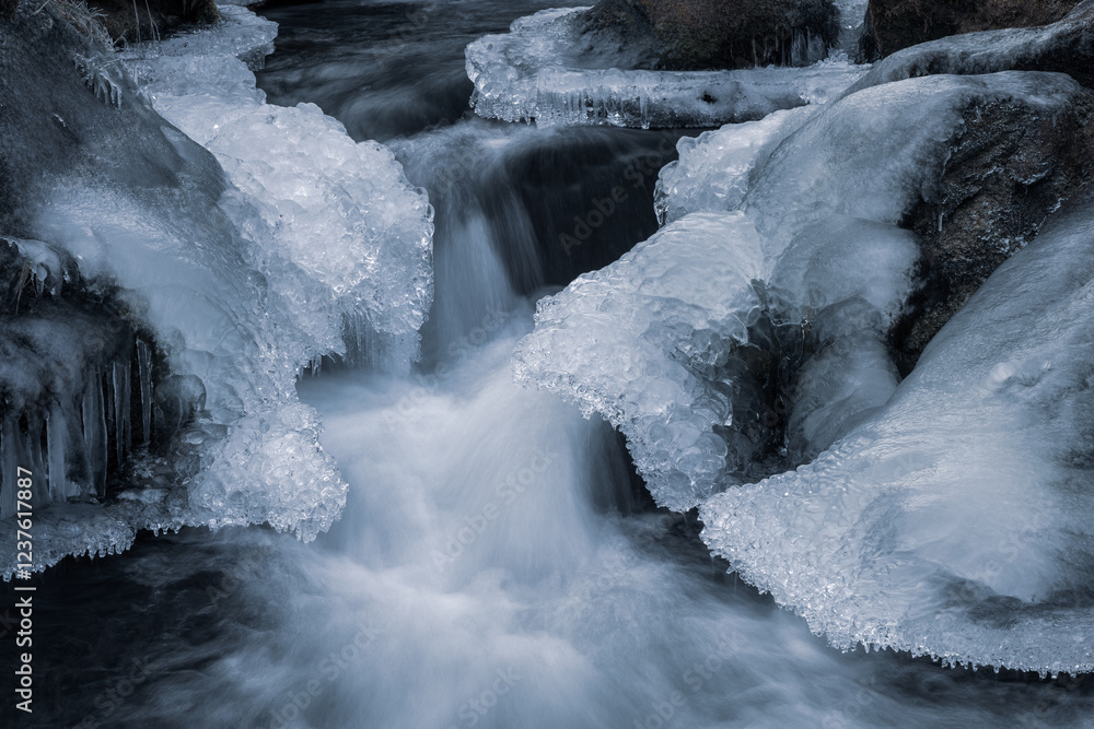 Frozen streaming water in a small river with ice and snow. Frozen streaming water in a small river with ice and snow.