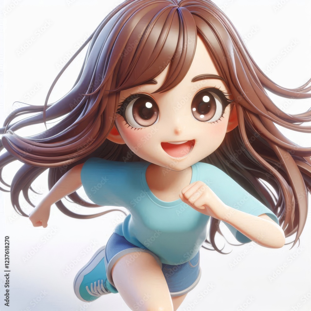 A close-up of a digital illustration of a young girl running happily.
A close-up of a digital illustration of a young girl running happily.