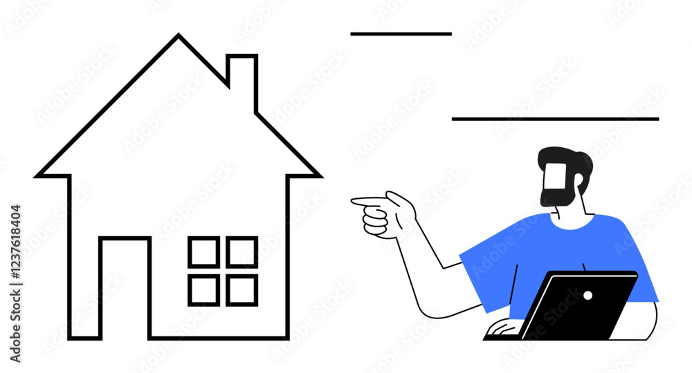 Man in blue shirt pointing at house outline while working on a laptop. Ideal for real estate, online communication, remote work, digital marketing, property investment, virtual tours, home buying Man in blue shirt pointing at house outline while working on a laptop. Ideal for real estate, online communication, remote work, digital marketing, property investment, virtual tours, home buying