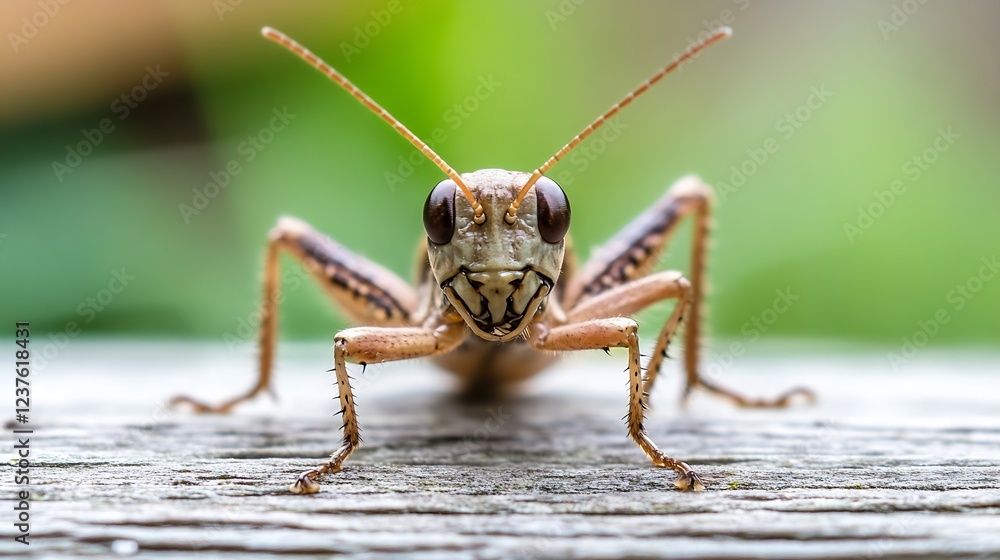 Fototapeta premium Extreme closeup of locust head showcasing detailed textures on wooden surface : Generative AI