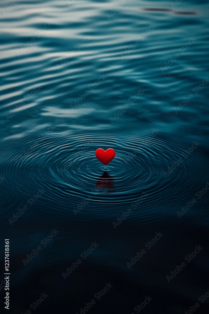 A single red love floating in the mid air above the surface of dark blue water, creating ripples that spread out like waves. A single red love floating in the mid air above the surface of dark blue water, creating ripples that spread out like waves.