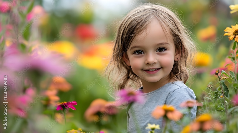 Fototapeta premium Joyful little girl smiling among vibrant blooming flowers in a sunny spring garden : Generative AI